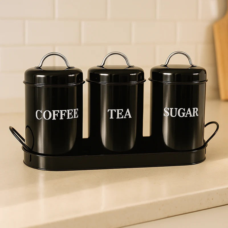 Vintage Retro Metal Kitchen Canister Set – Tea, Coffee, & Sugar Trio with Tray MJ