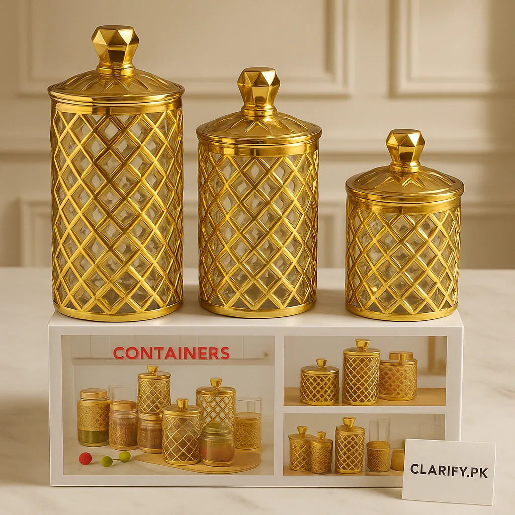 Arabian Style Glass Storage Jar – Golden Lid Food Container (3 pcs set) - Clarify.pk