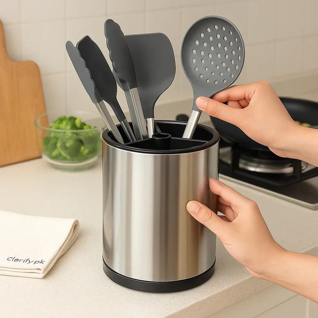 360 Rotating Kitchen Utensil Holder Stainless Steel - Clarify.pk