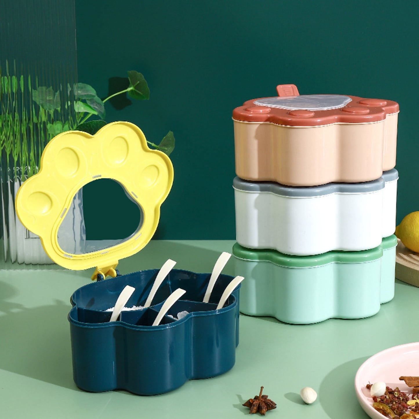 Aesthetic "Cat Paw" 4-Grid Spice & Condiment Box Set