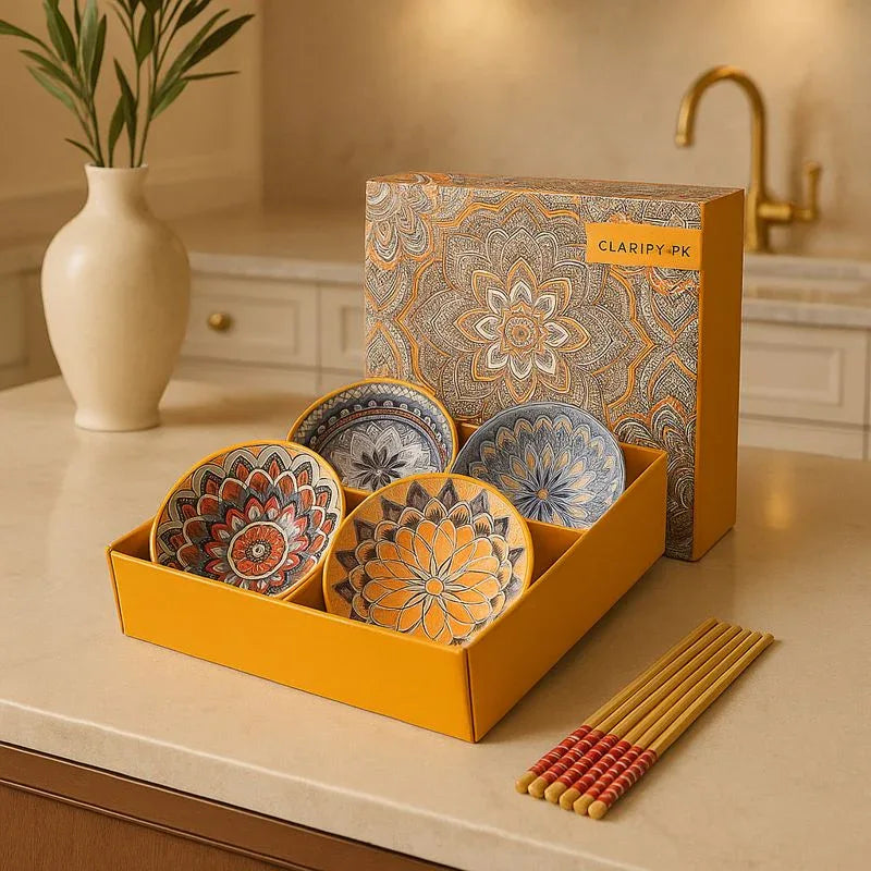 Japanese Ceramic Bowl Set of 4 with Chopsticks – Mandala Print - Clarify.pk