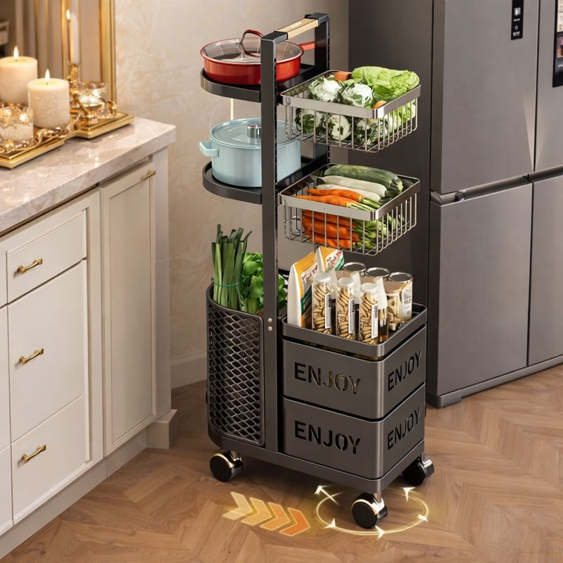 Multi-Functional Floor Standing Metal Kitchen Storage Trolley - Rolling Vegetable & Fruit Organizer with Drawer - Trenducts.pk