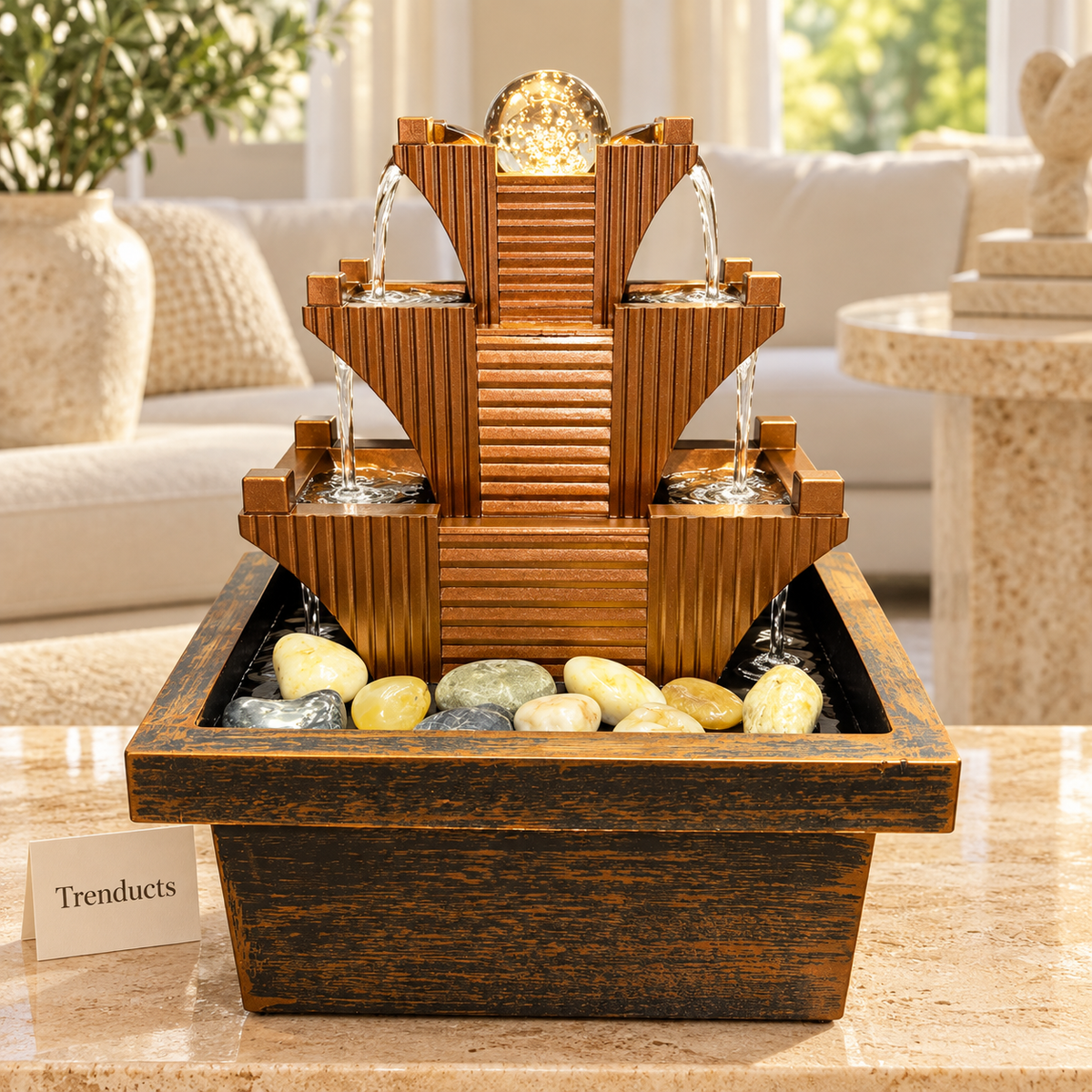 3-Tier Pyramid Tabletop Fountain with Spinning Crystal Ball & LED – Indoor Water Feature