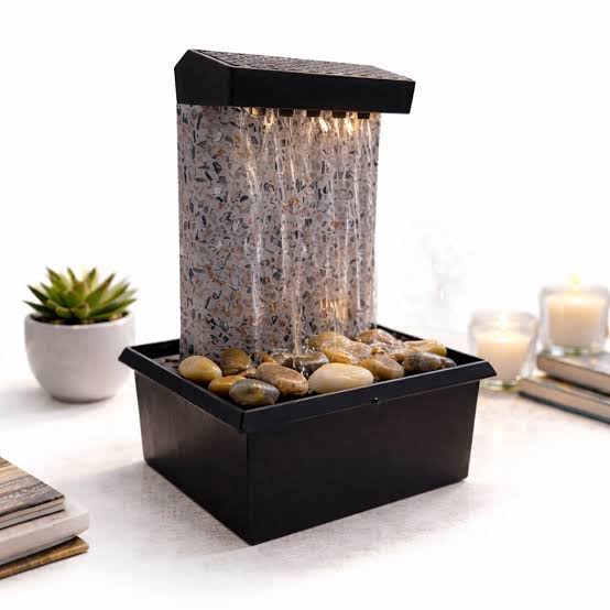 Indoor Rain Curtain Tabletop Fountain with LED Light & Pebbles – Mini Water Feature