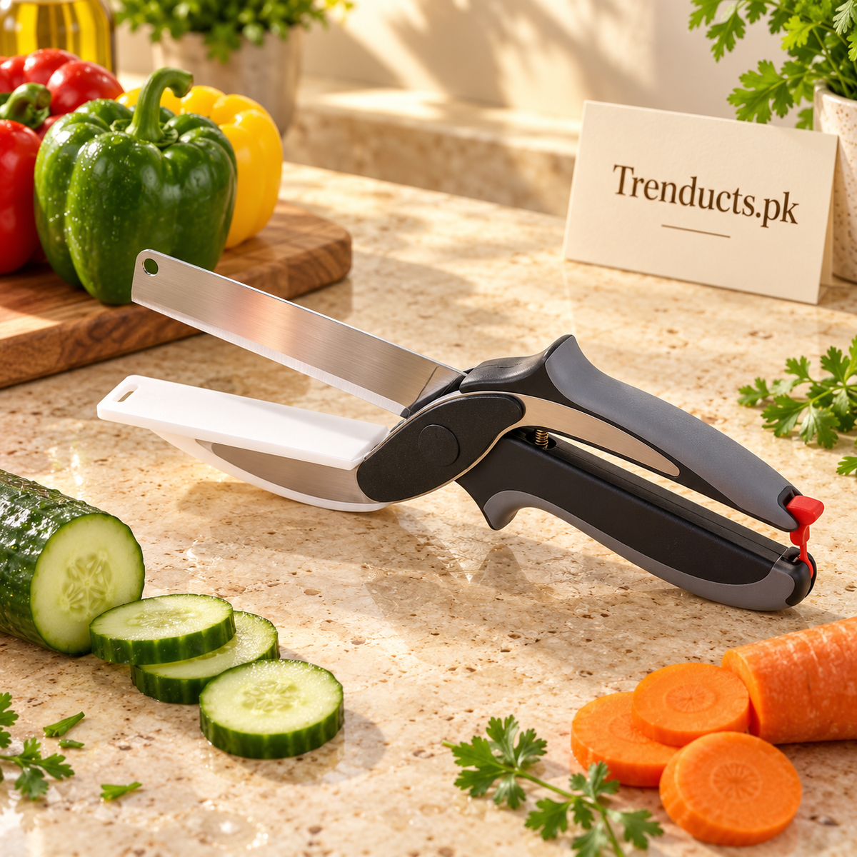 2-in-1 Clever Cutter Knife with Built-In Cutting Board – Handheld Vegetable Slicer