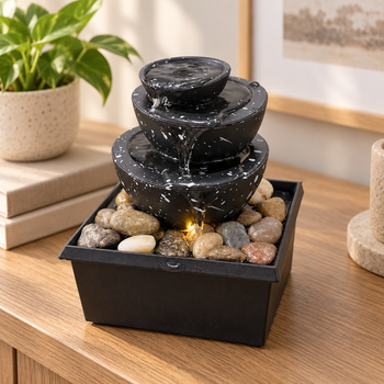 3-Tier Cascading Bowl Tabletop Fountain with LED Light & River Pebbles – Indoor Water Feature (small)