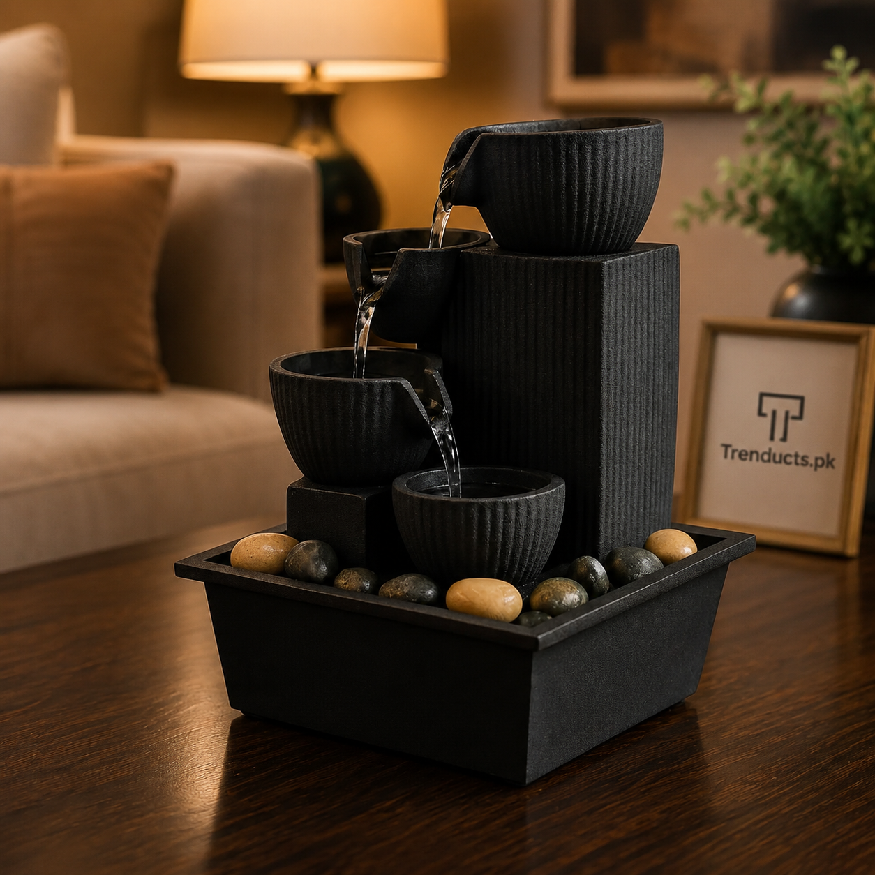 Mini Black Pot Fountain – Electric Indoor Waterfall with LED Light