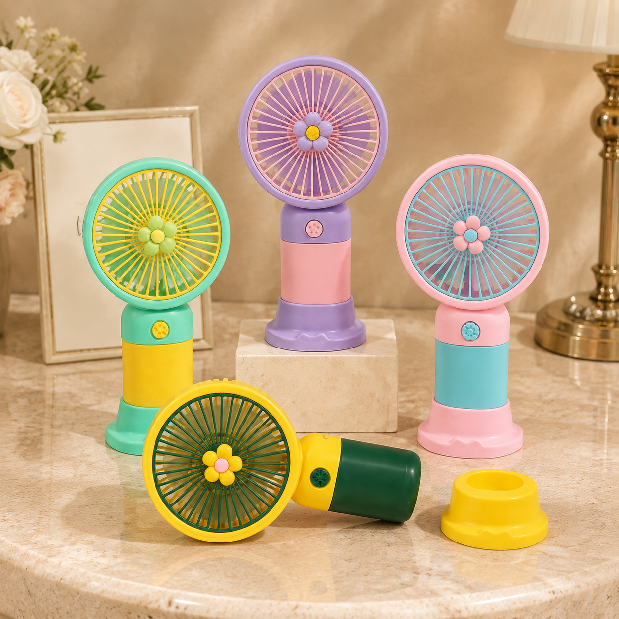 Mini Rechargeable Handheld Fan – Portable Floral Design USB Fan with & Desktop Stand