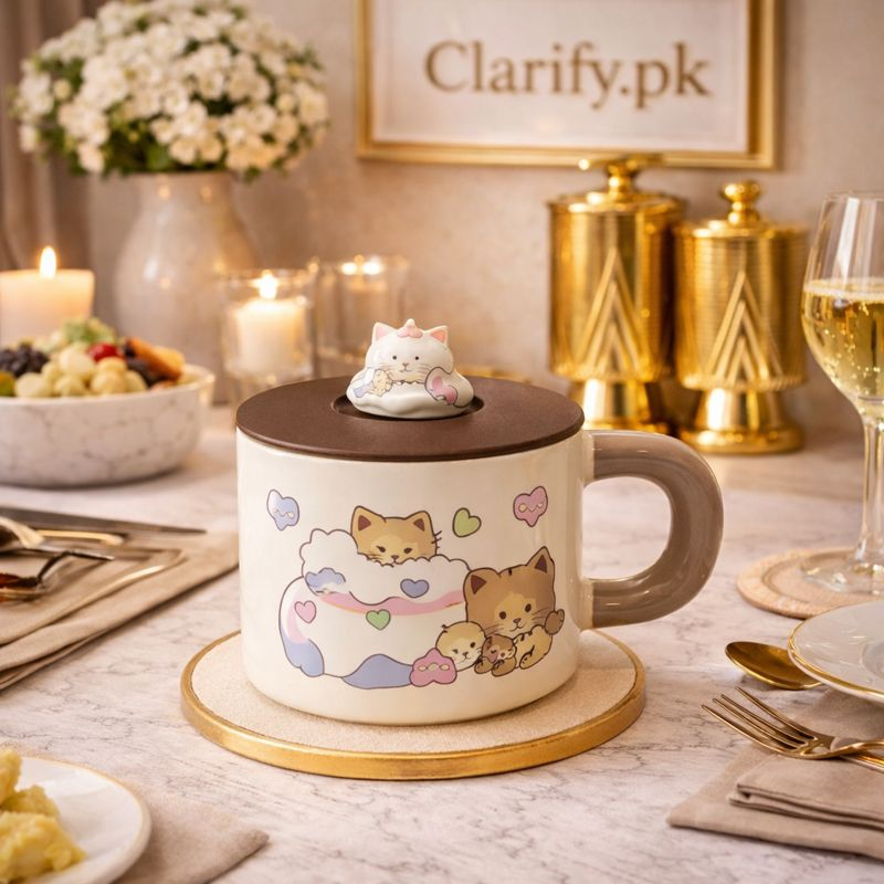 Cute Cat Printed Ceramic Mug - Heat-Saving Lid Coffee Cup - Trenducts.pk