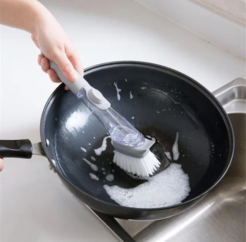 Hand Press Liquid Soap Dispensing Dish Brush - Kitchen Scrubber with Refillable Handle