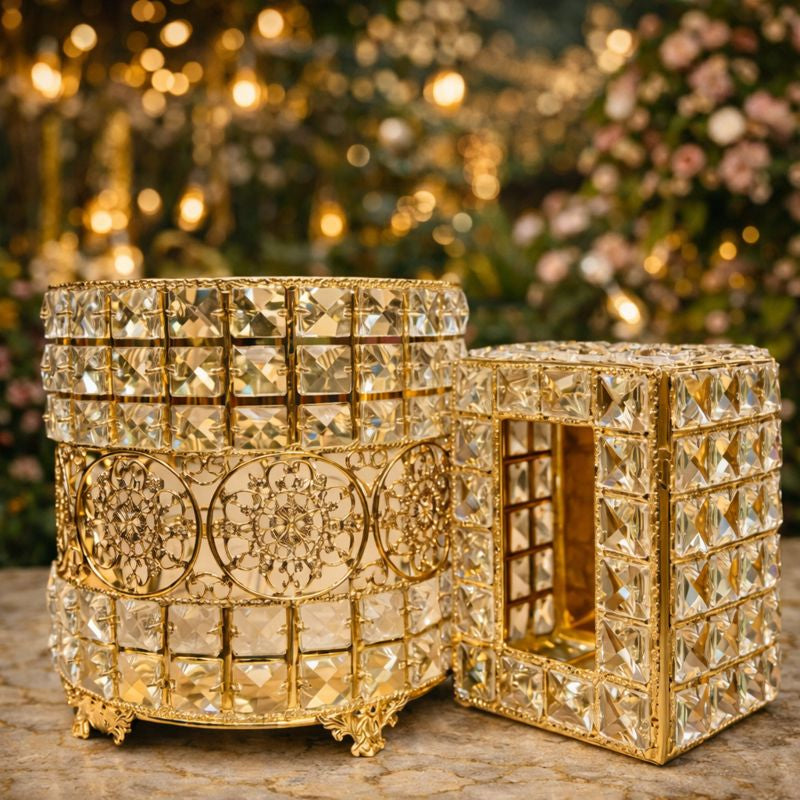 Royal Floral Crystal Print Round Nug Bin & Tissue Box (Random Design)