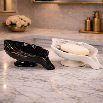 Ceramic Leaf Self-Draining Soap Dish – Elegant Pedestal Soap Saver (Each) - Trenducts.pk