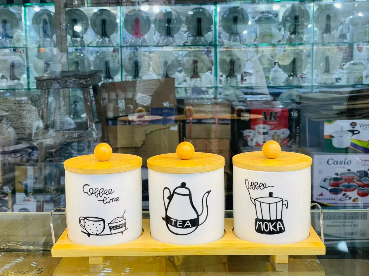 Luxury 3 Pcs Ceramic Storage Jar Set – Airtight Bamboo Lid Containers - Clarify.pk