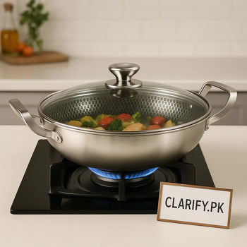 Stainless Steel Frying Pan – Non-Stick Honeycomb Wok for Gas Stove (28cm) - Clarify.pk