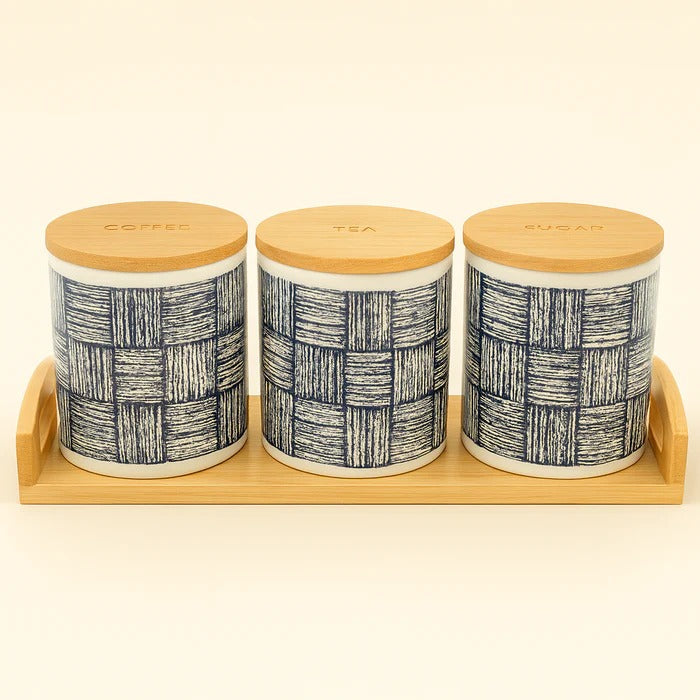 Premium 3-Piece Ceramic Jar Set with Bamboo Tray & Lids MJ