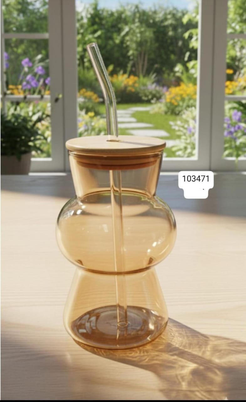 Amber Bubble Glass Sipper - Aesthetic Wavy Glass Tumbler (450ml)