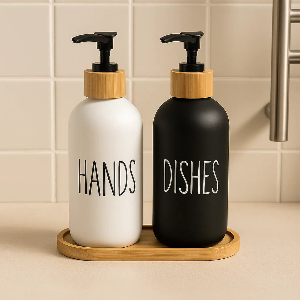 Modern Hand & Dish Soap Dispenser Set with Wooden Base - Clarify.pk