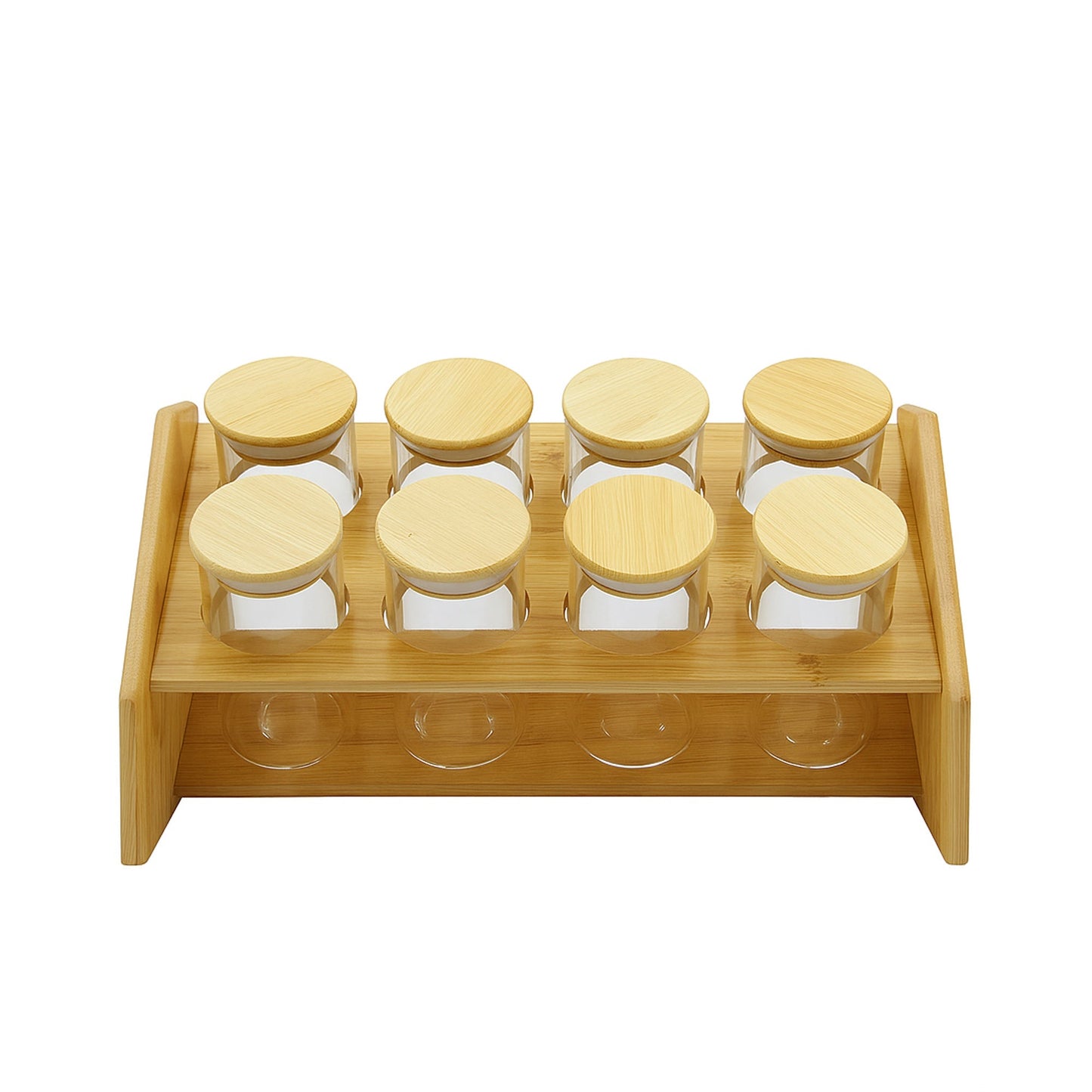 Two-Tier Bamboo Step Spice Rack with 8 Airtight Glass Jars