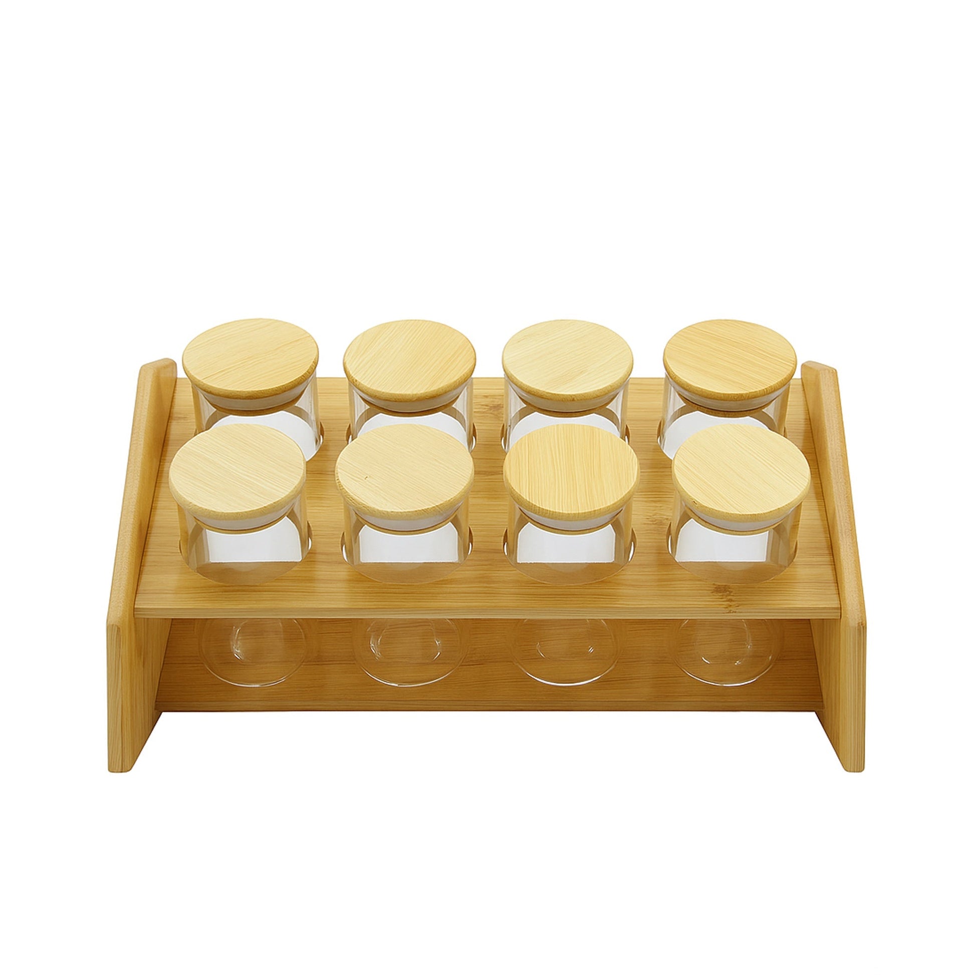 Two-Tier Bamboo Step Spice Rack with 8 Airtight Glass Jars