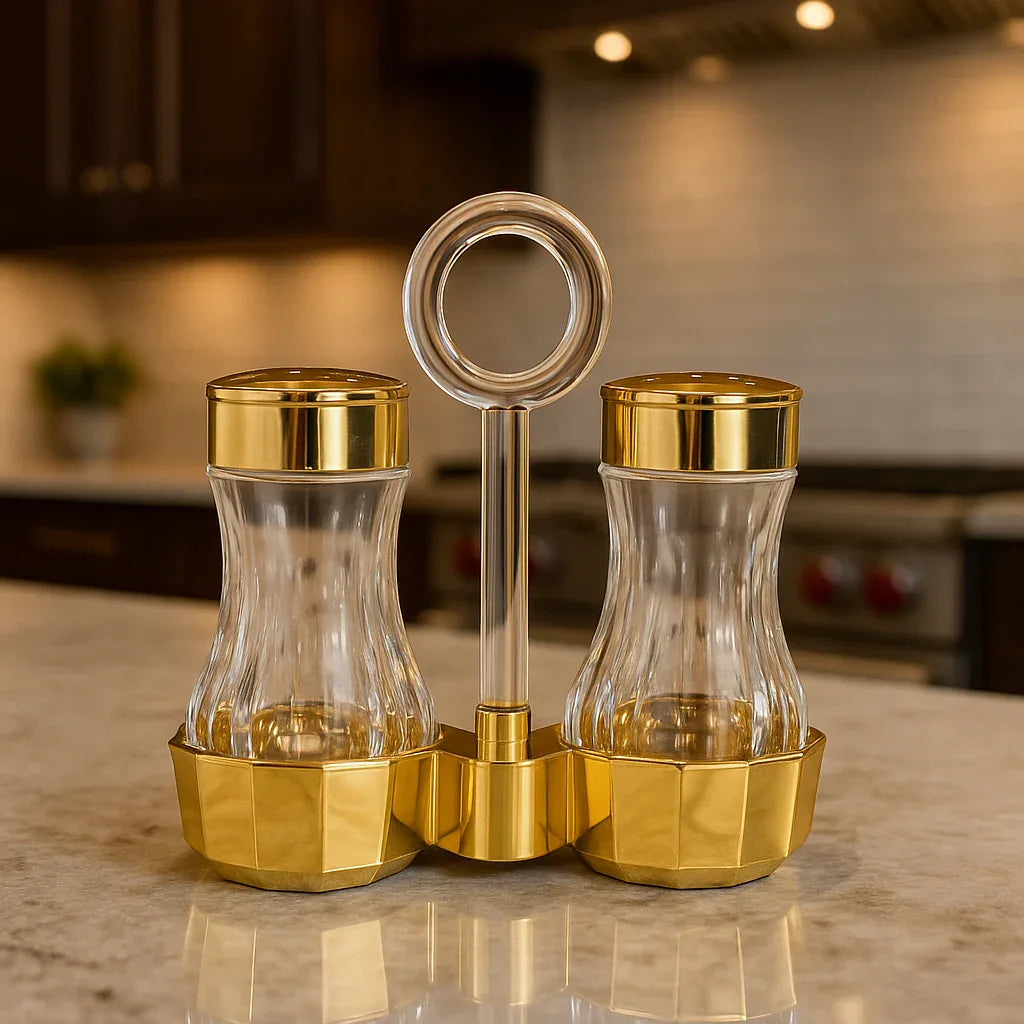 Golden Acrylic Salt & Pepper Dispenser Set – Stylish Seasoning Holder (2 Pcs) - Clarify.pk