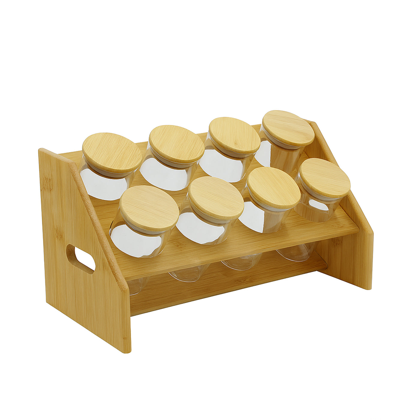 Two-Tier Bamboo Step Spice Rack with 8 Airtight Glass Jars