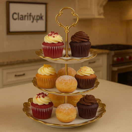 Ceramic 3-Tier Cake Stand – Foldable Dessert & Snack Display Tray - Clarify.pk