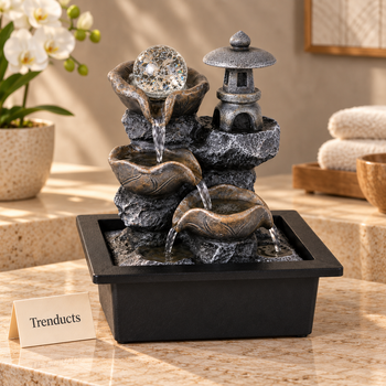 Zen Rock Pagoda Tabletop Fountain with Spinning Crystal Ball & LED – Japanese Indoor Water Feature