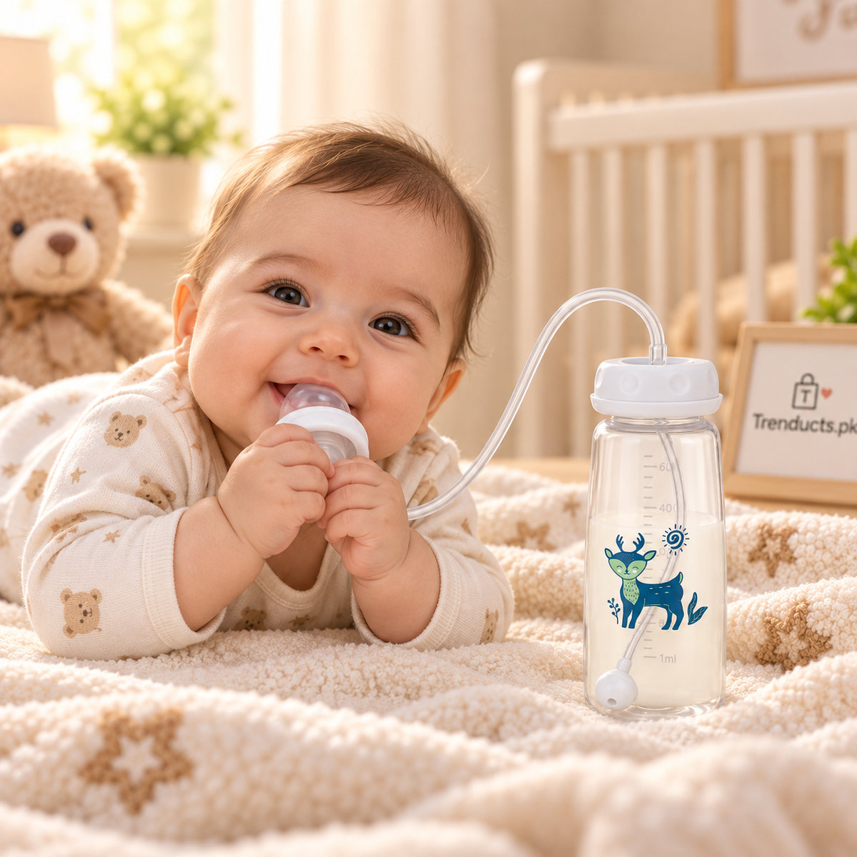 Hands-Free Baby Bottle Feeder with Flexible Tube & Silicone Nipple – Anti-Colic Feeding System