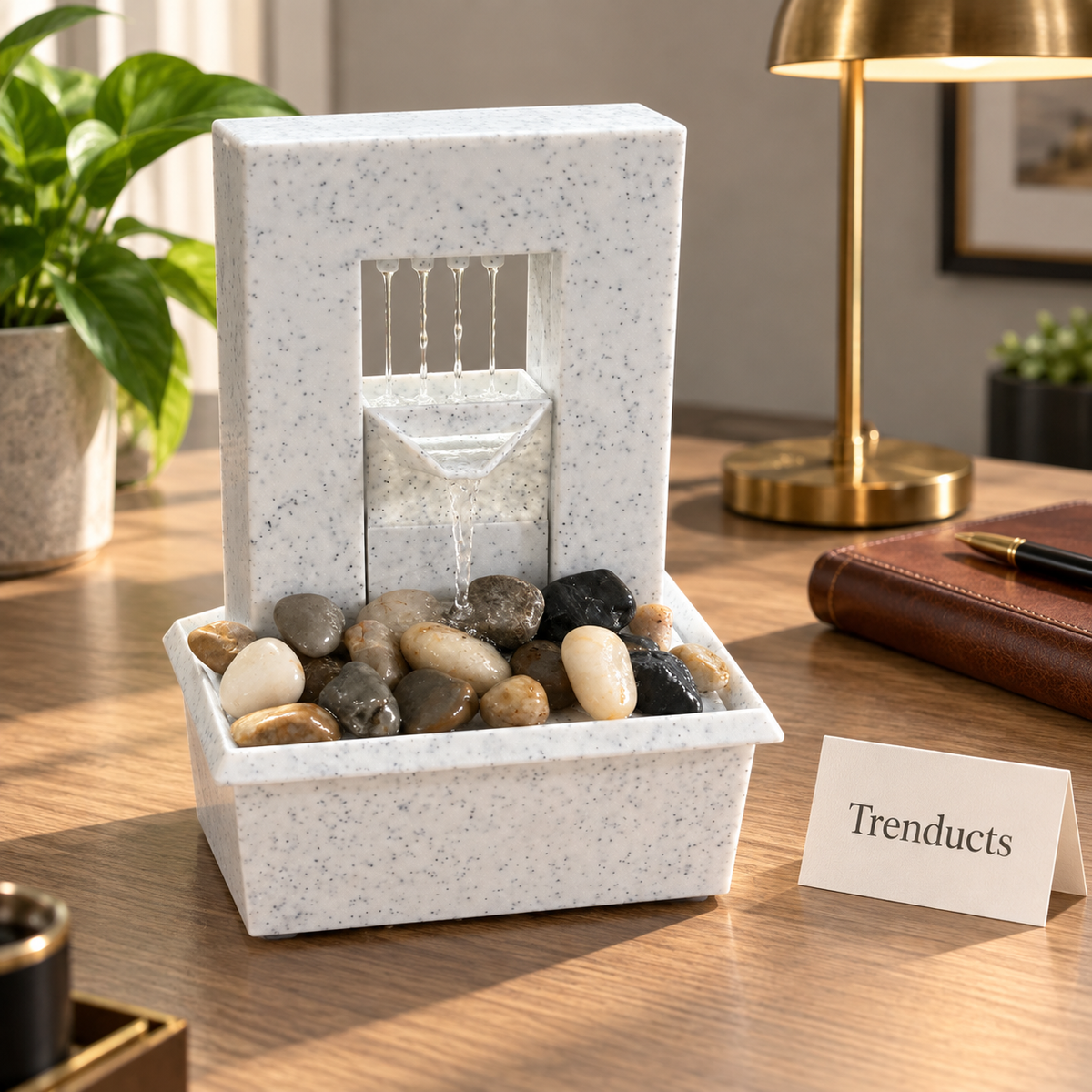 Modern Arch Wall Tabletop Fountain with LED Light & River Pebbles – Indoor Water Feature