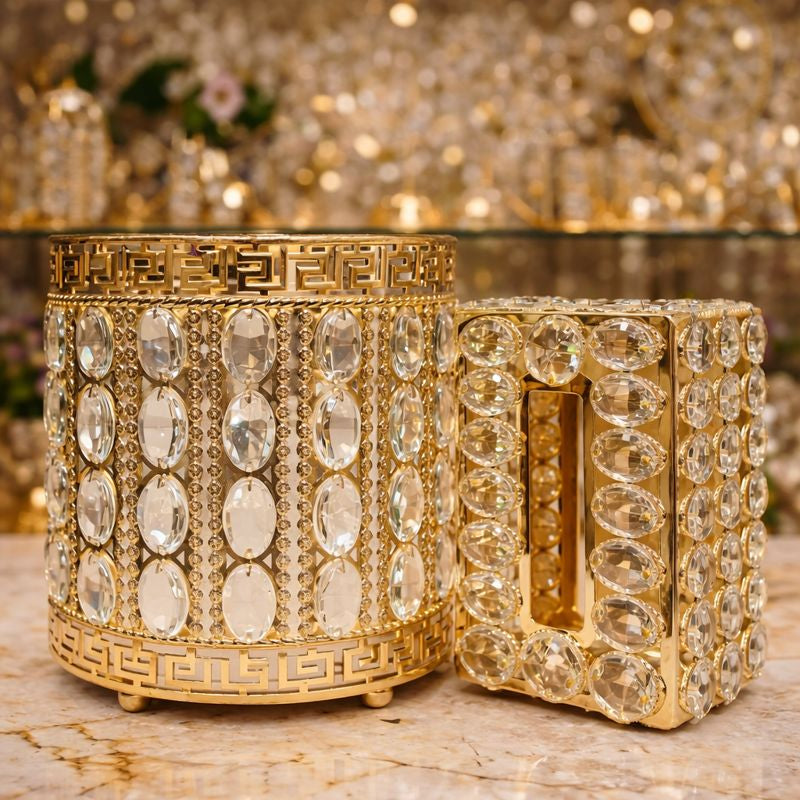 Oval Crystal Print Round Nug Bin & Tissue Box – Gold (Random Design) ZZ