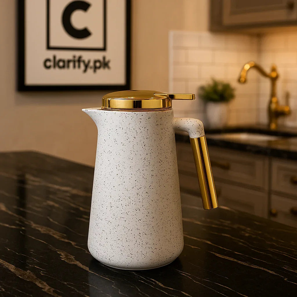 White & Gold Thermal Flask – 1L Elegant Insulated Jug - Clarify.pk