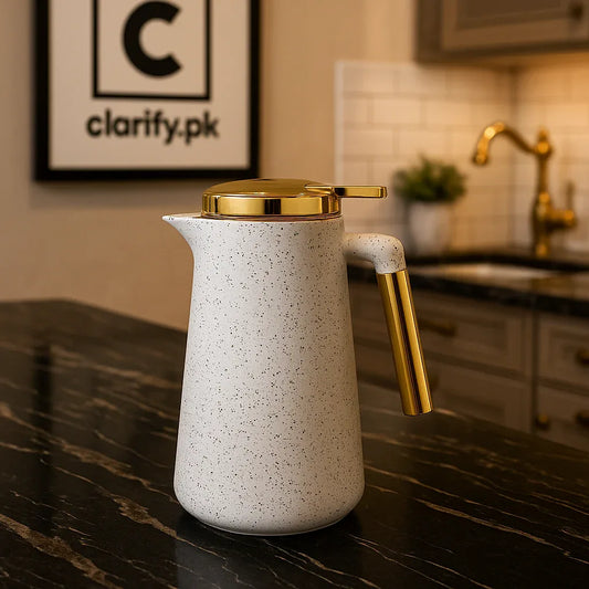 White & Gold Thermal Flask – 1L Elegant Insulated Jug - Clarify.pk