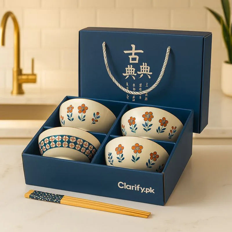 Japanese Ceramic Bowl Set of 4 with Chopsticks – Indigo Floral Print - Clarify.pk