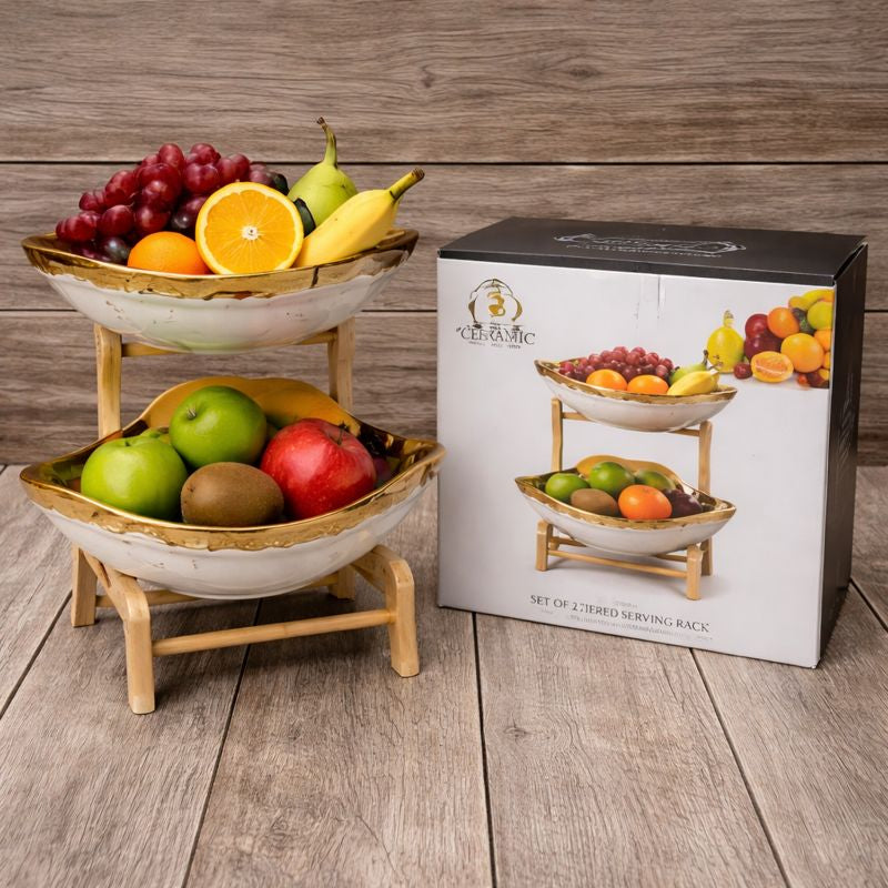 2-Tier Luxury Gold-Rimmed Ceramic Fruit Basket – Double Decker Serving Bowls with Sturdy Bamboo Rack - Trenducts.pk