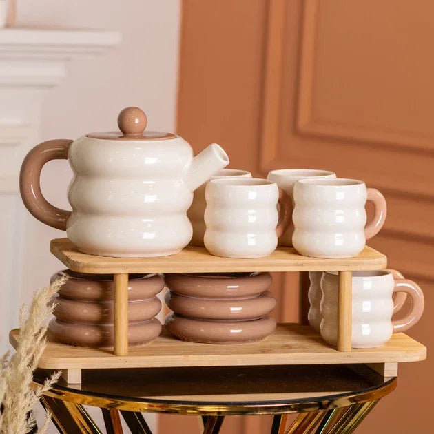 Premium Donut Style Ceramic Tea Set - Wooden Stand (Gift Box) - Clarify.pk