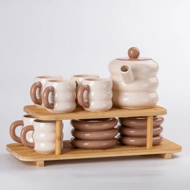 Premium Donut Style Ceramic Tea Set - Wooden Stand (Gift Box) - Clarify.pk