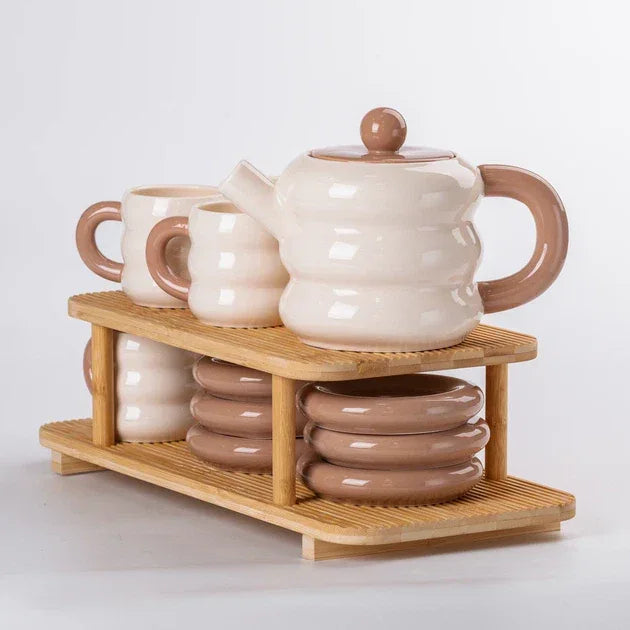 Premium Donut Style Ceramic Tea Set - Wooden Stand (Gift Box) - Clarify.pk
