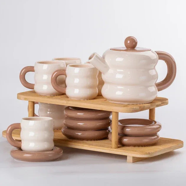 Premium Donut Style Ceramic Tea Set - Wooden Stand (Gift Box) - Clarify.pk