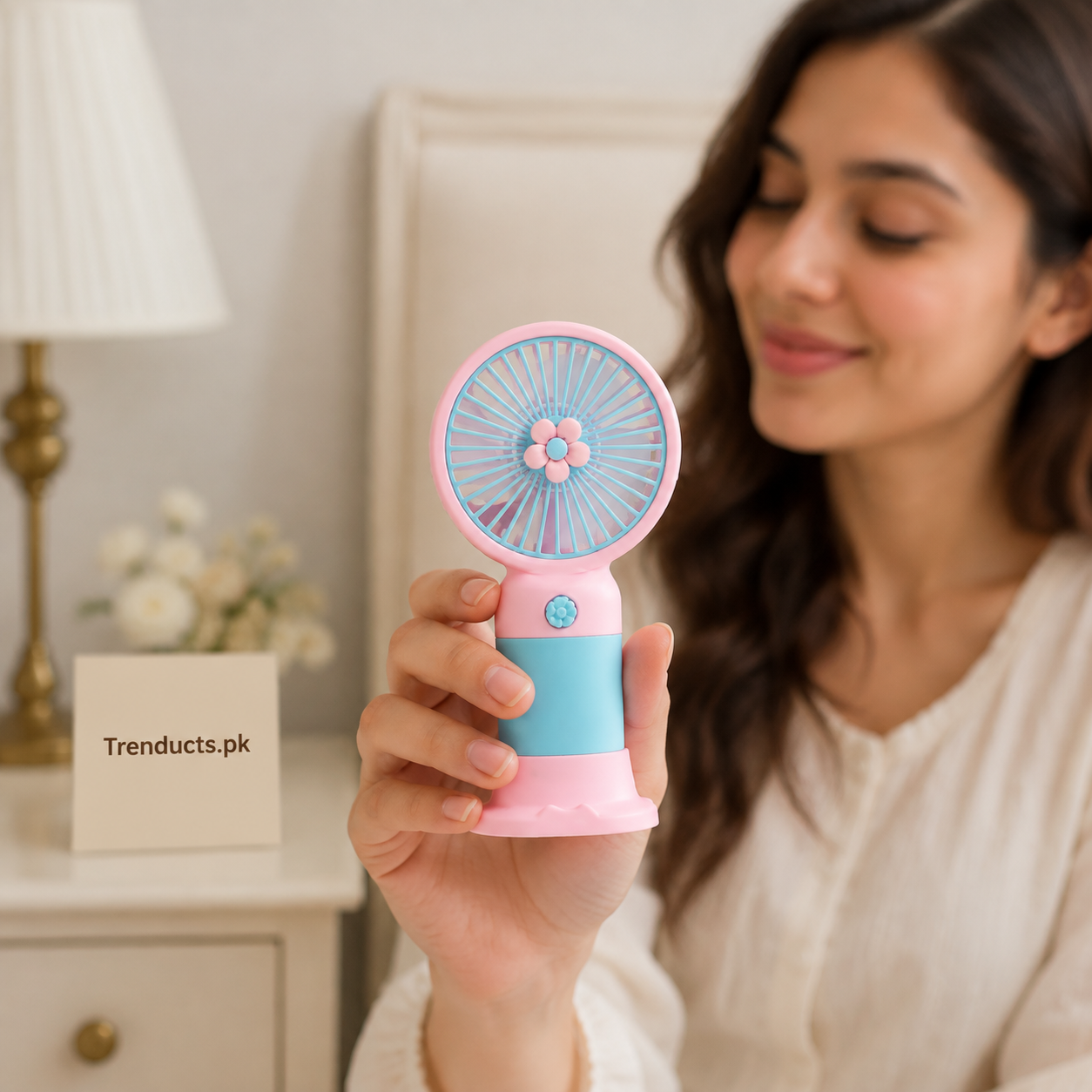 Mini Rechargeable Handheld Fan – Portable Floral Design USB Fan with & Desktop Stand