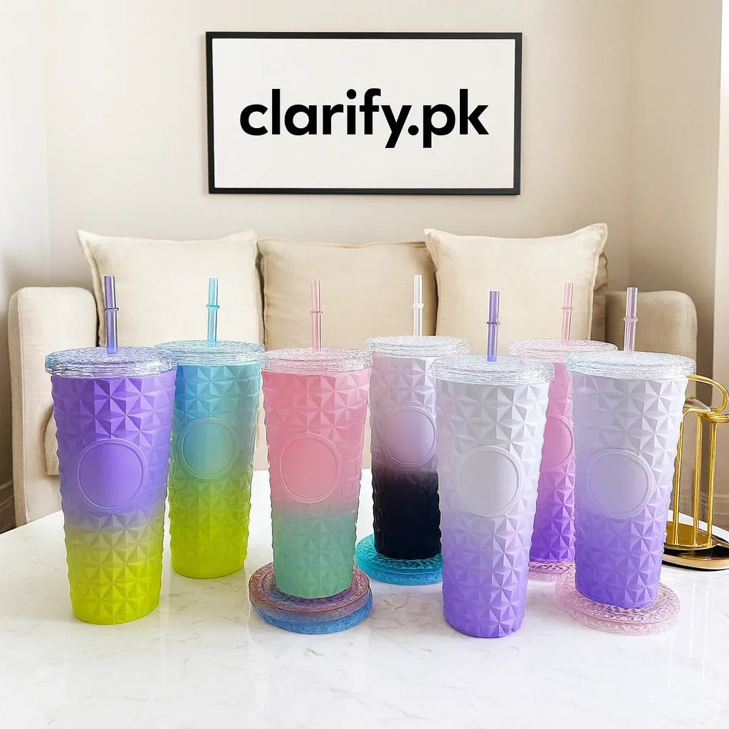 Premium Gradient Diamond Straw Tumbler – 750ml (Random Print) - Clarify.pk