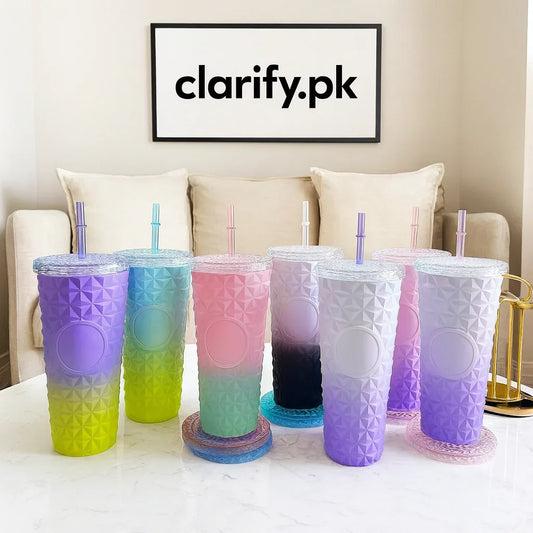 Premium Gradient Diamond Straw Tumbler – 750ml (Random Print) - Clarify.pk