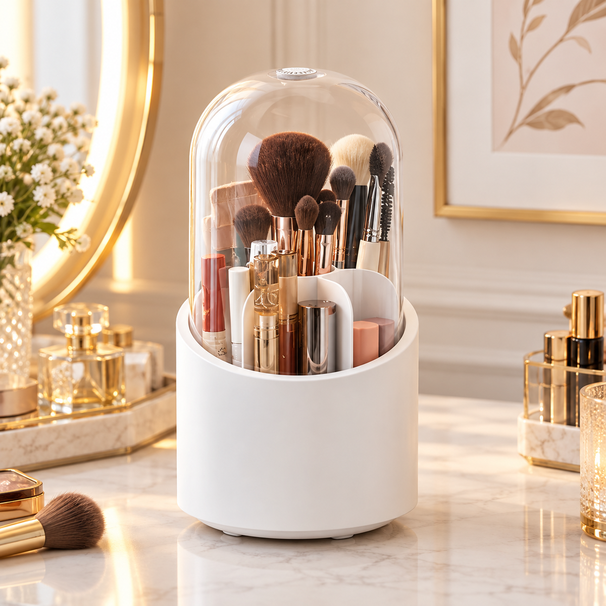 360° Rotating Makeup Brush Holder with Dustproof Dome Lid – Vanity Organiser