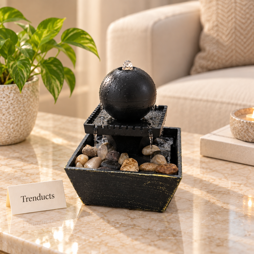 Sphere Orb Tabletop Fountain with River Pebbles & Cascading Water – Indoor Water Feature