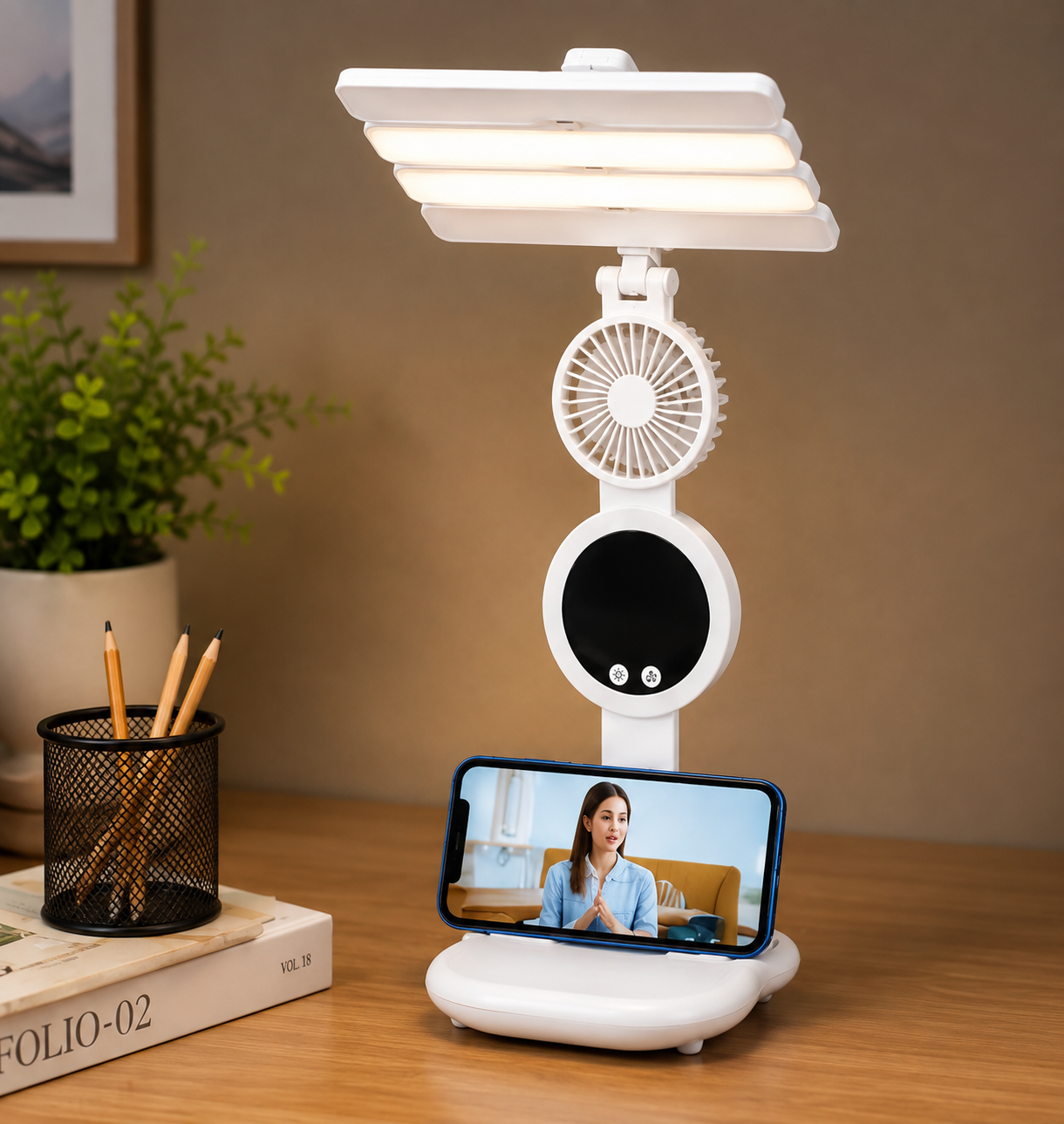 5-in-1 LED Fan Desk Lamp with Phone Holder - Rechargeable