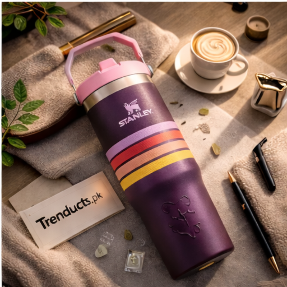 Stanley 30oz IceFlow Flip Straw Tumbler in Navy Mesh with green lid and rotating carry handle - Trenducts Pakistan