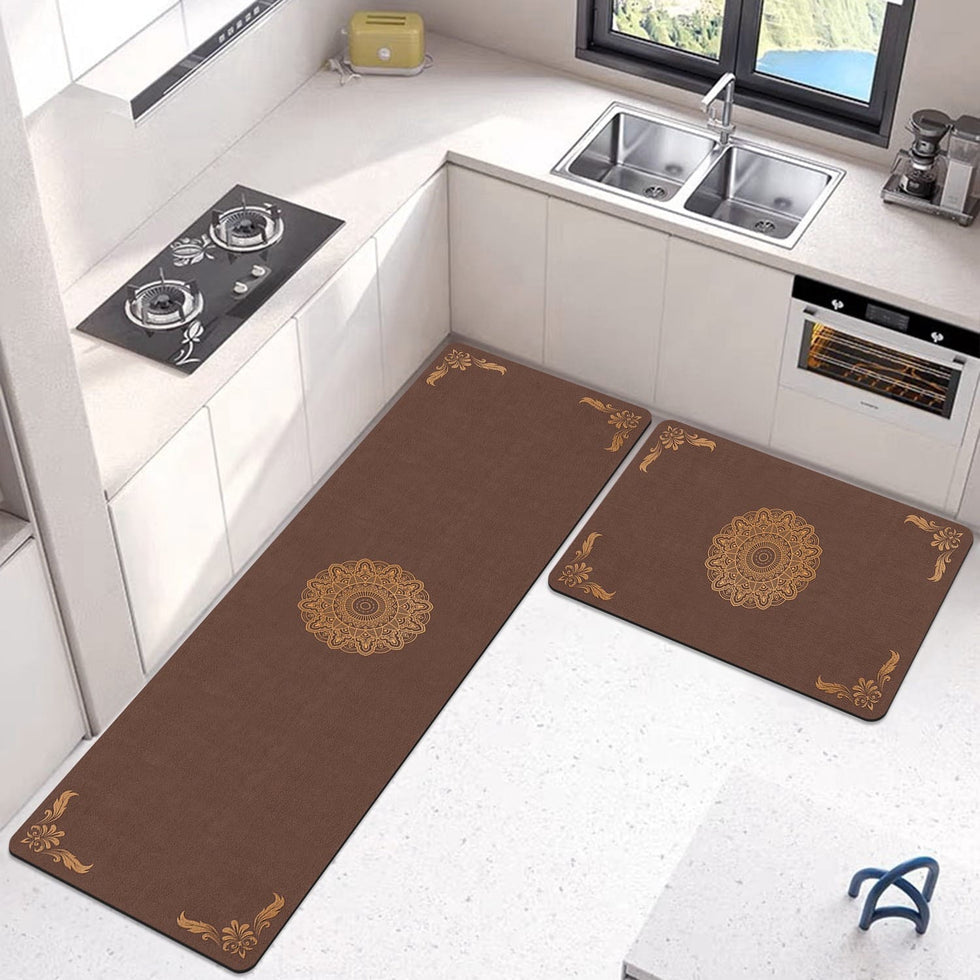 Abstract Gold-Arc Napa Leather Anti-Slip Runner Set (2 Pcs) MAT