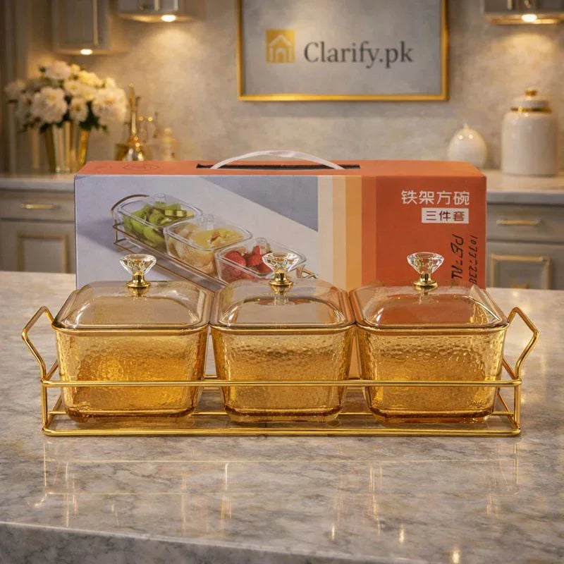 Glass Serving Bowls with Gold Frame – 3 Compartment - Clarify.pk