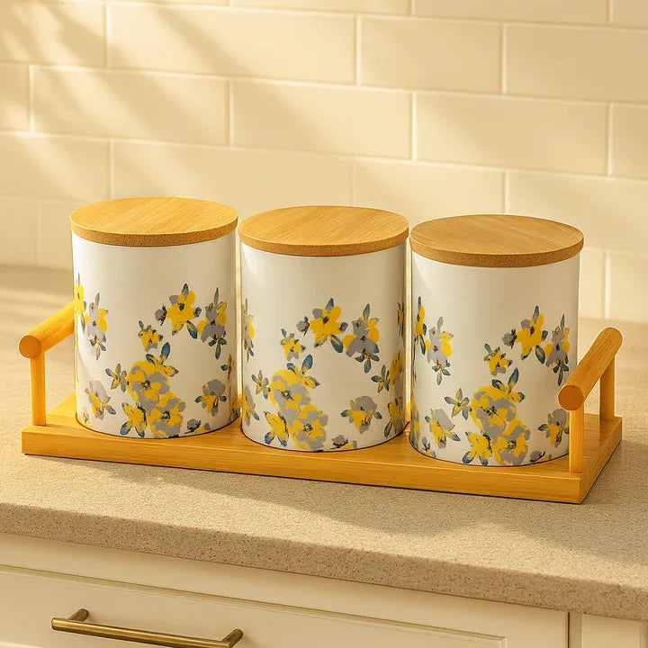 Floral Ceramic Canisters with Bamboo Base – Set of 3 - Clarify.pk
