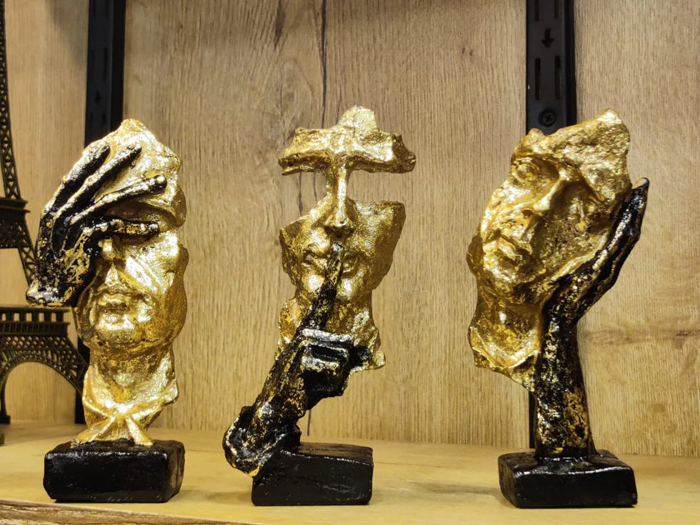Premium Gold Abstract Face Statue Set – Modern Fiber Art Décor - Clarify.pk