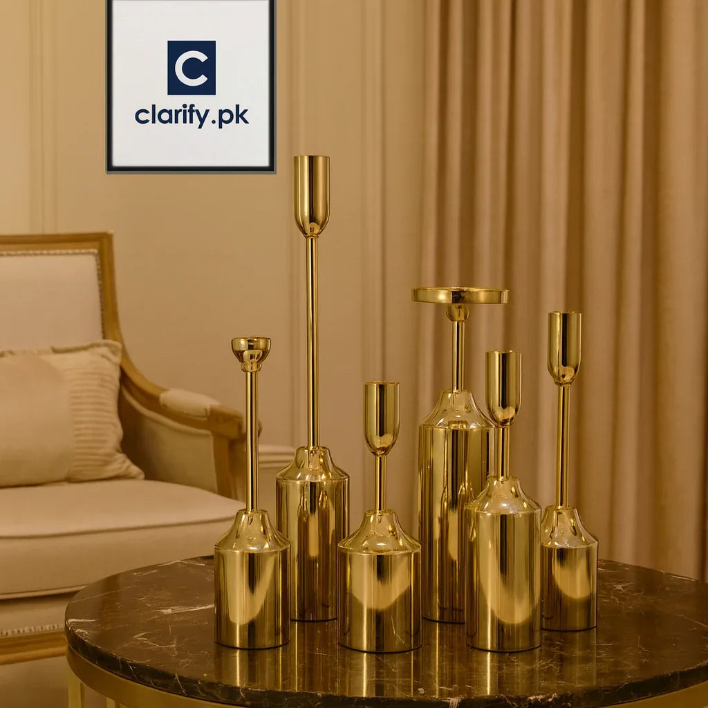 6pcs گولڈن کروم کینڈل ہولڈرز - خوبصورت ڈیکور سیٹ